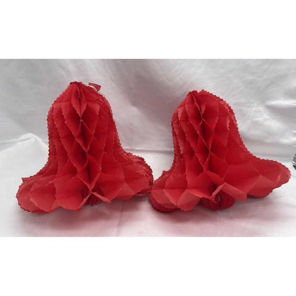 Vintage 2 Red Honeycomb Tissue Paper Christmas Bell 5”